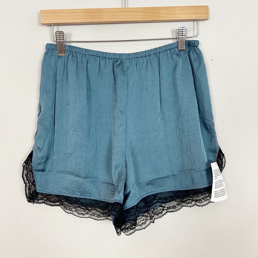 NEW Topshop Blue Satin Shorts with Black Lace Trim Size 6 Women's